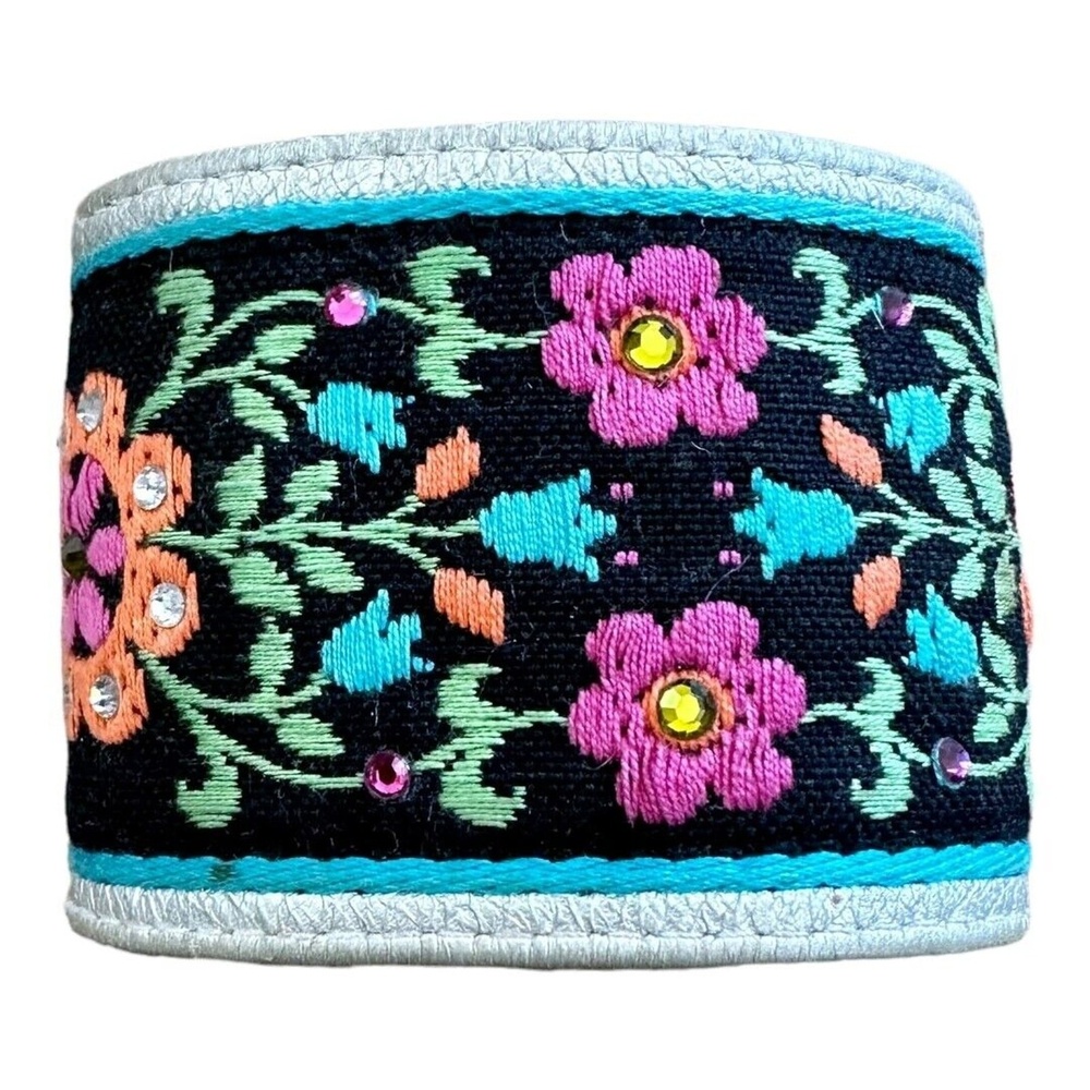 Corinne Rene Womens Embroidered Wrist Cuff Bracelet Black Blue Pink Flowers